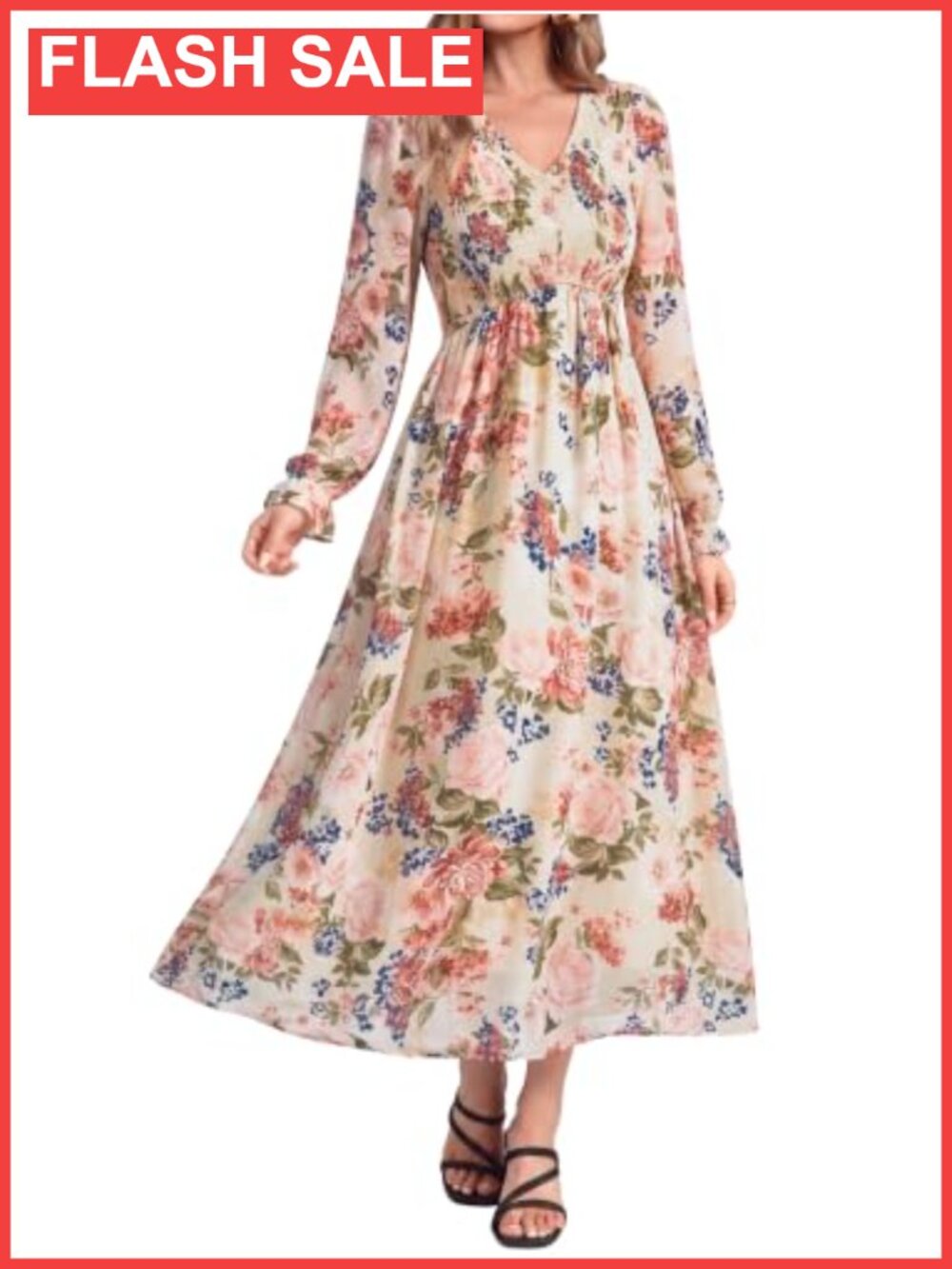 Womens Floral Maxi Dress Chiffon Long Sleeve V-Neck Boho Wedding Guest
